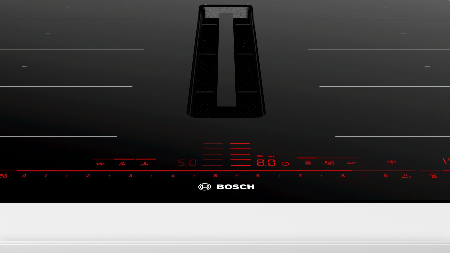 Schwarzes Induktionskochfeld mit roter Anzeige. Das Bosch-Logo befindet sich unten, sowie einige Knöpfe.