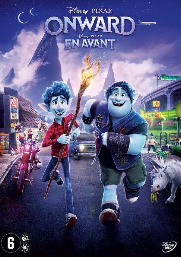 Affiche du film En avant : Deux frères elfes bleus courant dans une rue, avec un bâton magique et une licorne.
