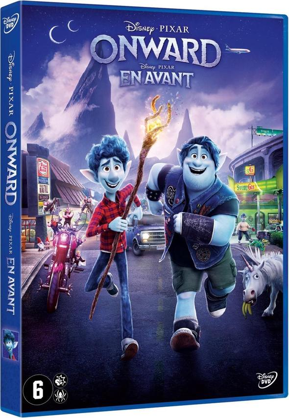 Boîtier DVD de "En avant", avec deux personnages de dessins animés sur la couverture. Le texte du titre est également visible.