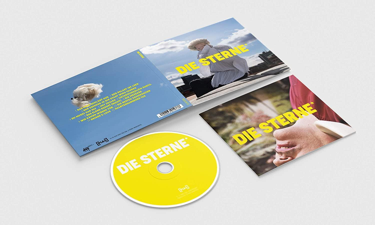 Geöffnetes CD-Albumcover, mit gelber CD und Booklet. Der Albumtitel lautet 'Die Sterne'.