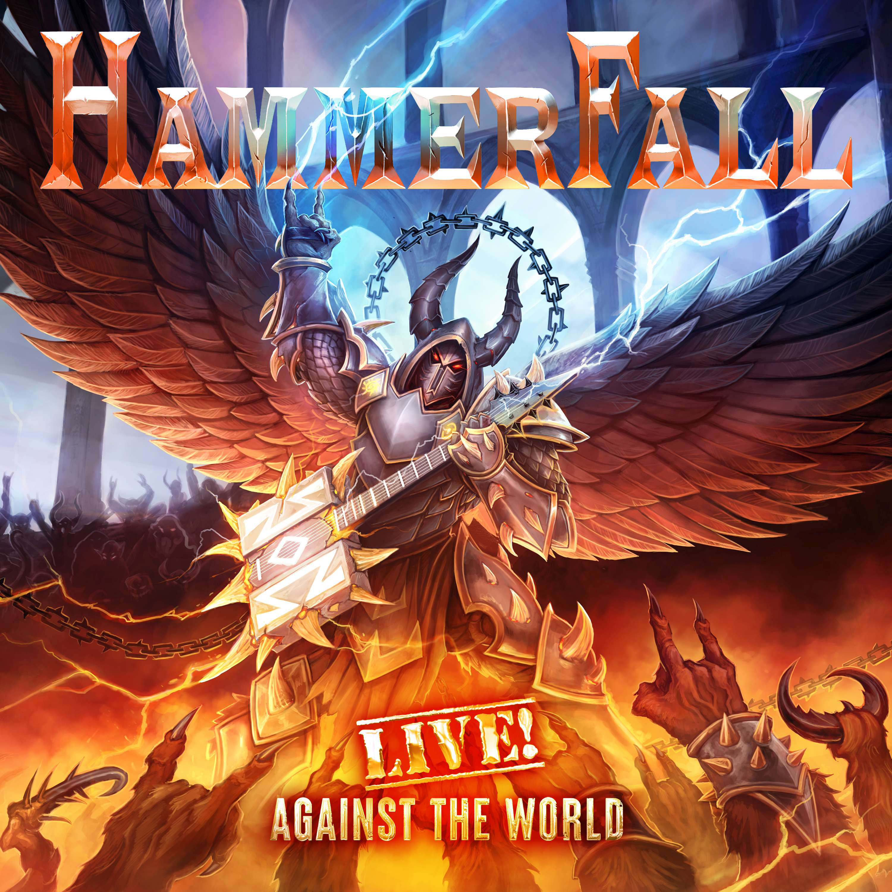 Albumcover von Hammerfall LIVE! Against the World mit einem Engel.