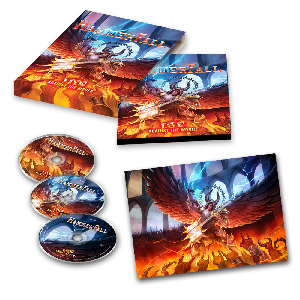 CD-Set mit einem Hammerfall-Albumcover mit einem Ritter.