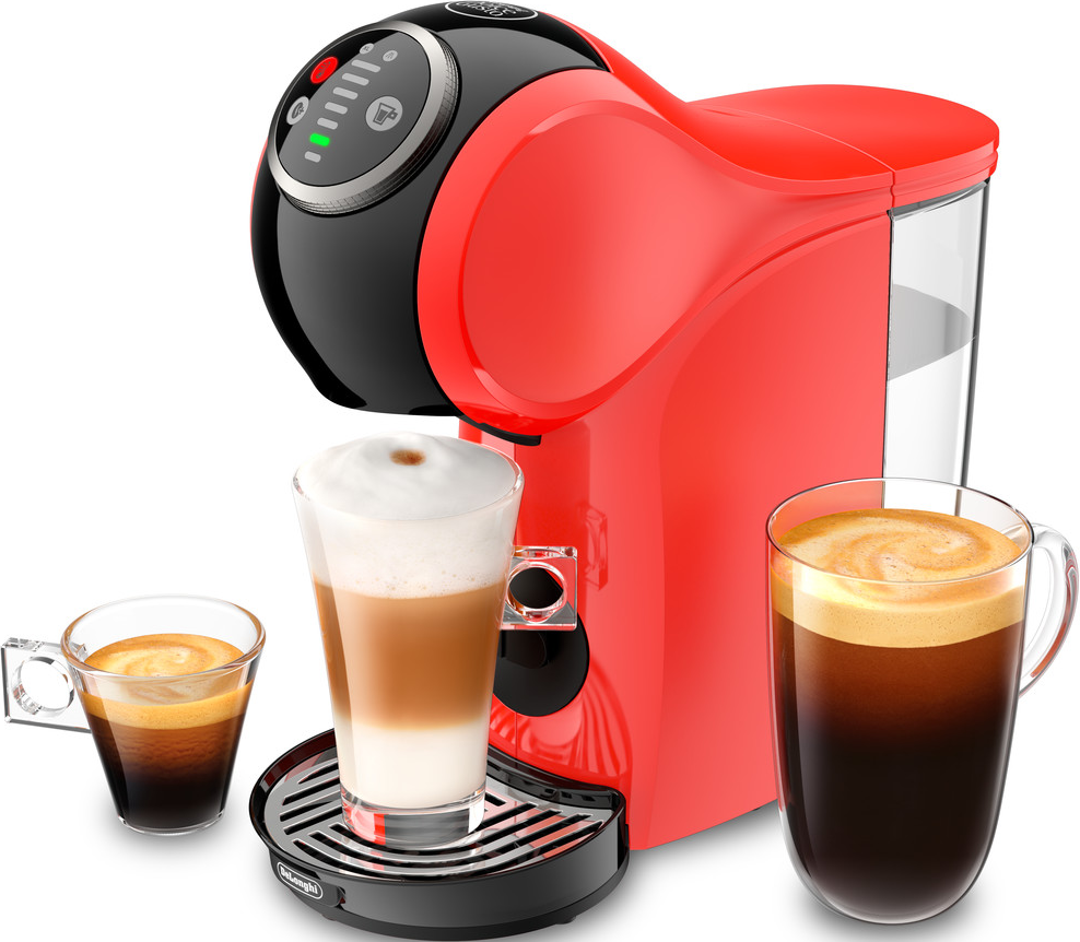 Una macchina per il caffè rossa e nera con tre bicchieri di caffè.