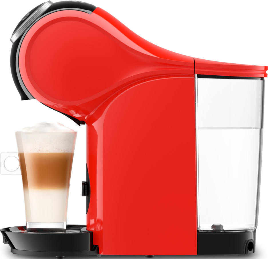 Macchina da caffè Nespresso rossa, che prepara un latte in un bicchiere.