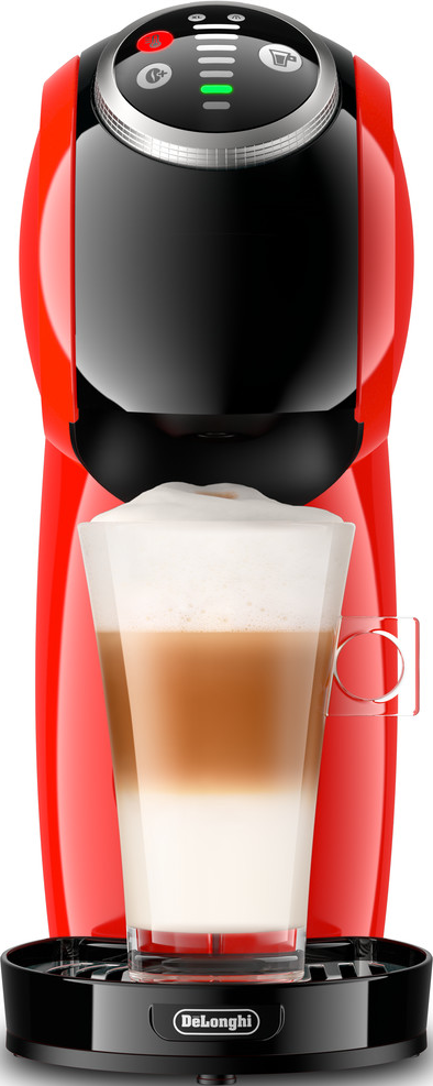 Una macchina da caffè DeLonghi rossa con un bicchiere.