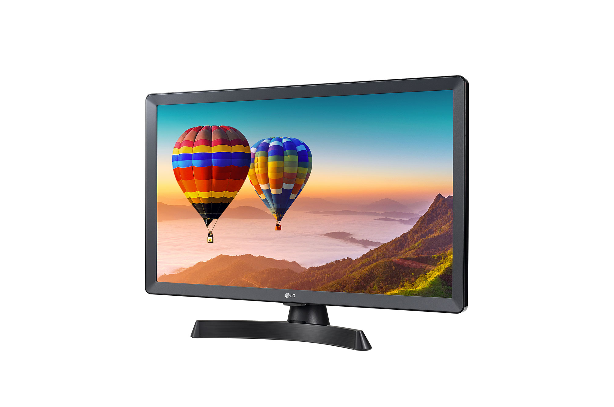 TV LG que muestra dos globos aerostáticos sobre un fondo colorido, soporte negro.