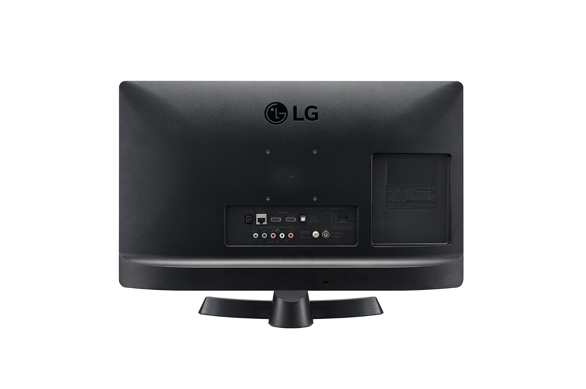 La parte trasera de un televisor LG negro con conectores y el logotipo de LG, contra un fondo blanco.