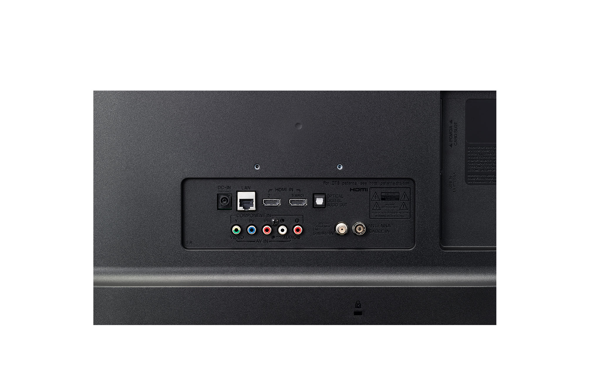 Panel trasero de TV negro con varios puertos: LAN, HDMI, USB, AV y conexiones de antena.