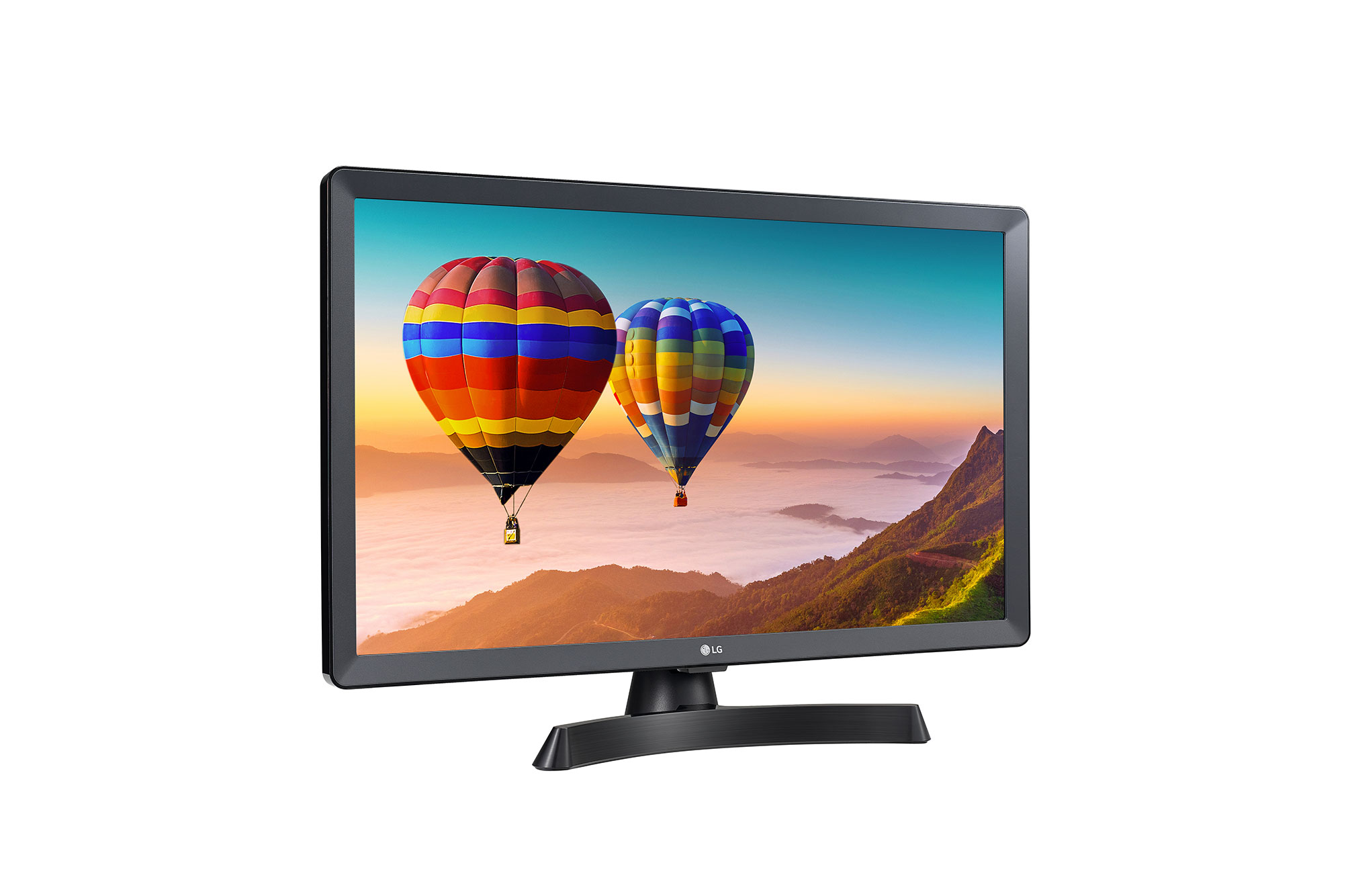 Un televisor de pantalla plana con dos globos aerostáticos en la pantalla.