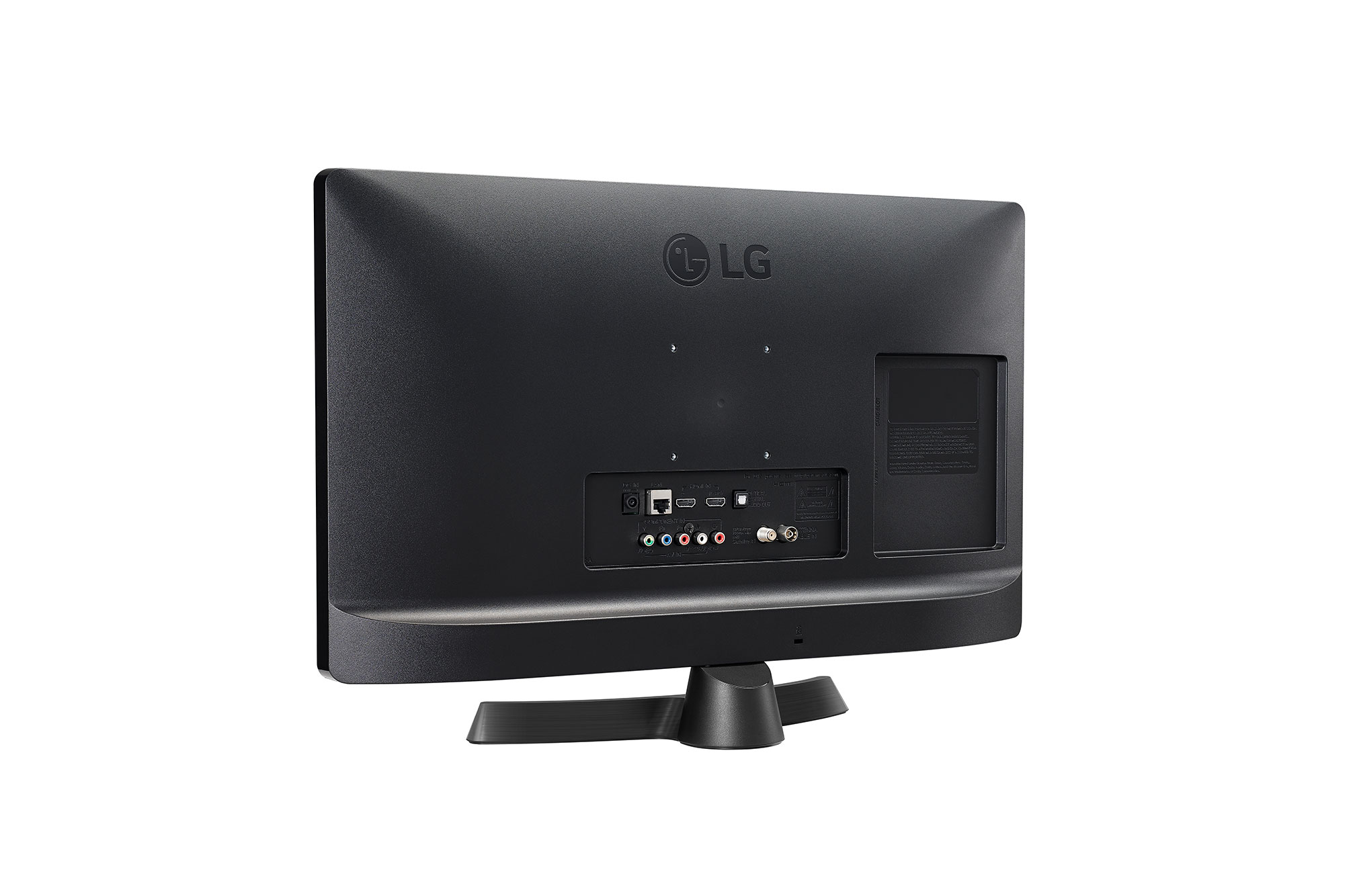 La parte trasera de un televisor LG negro con puertos y soporte.