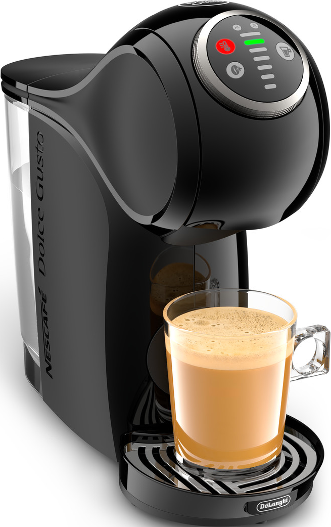 Una macchina da caffè Dolce Gusto nera con un bicchiere di caffè.