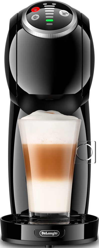 Macchina da caffè Dolce Gusto Genio S nera con latte macchiato. Base nera.
