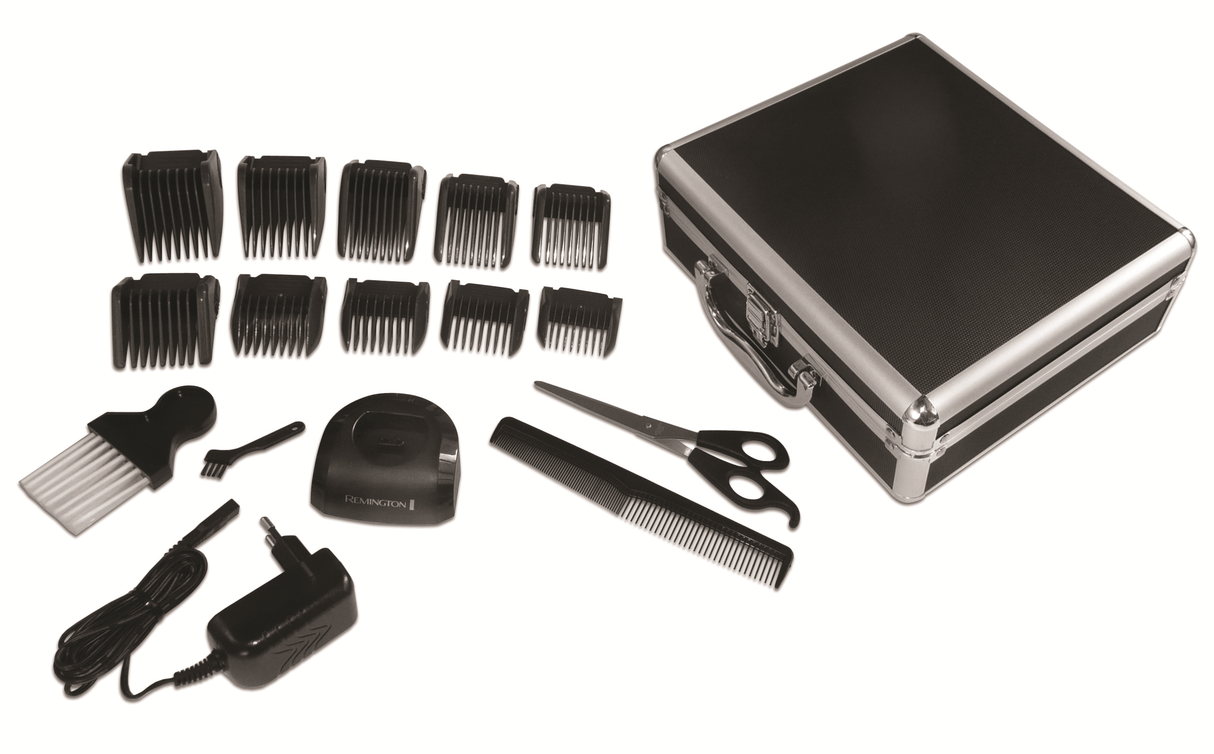 Haarschneide-Set mit Haarschneider, Aufsätzen, Schere, Kamm und Zubehör.