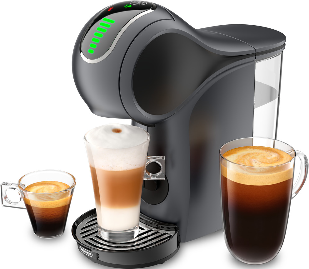 Schwarze und graue Kaffeemaschine mit drei Kaffeetassen.