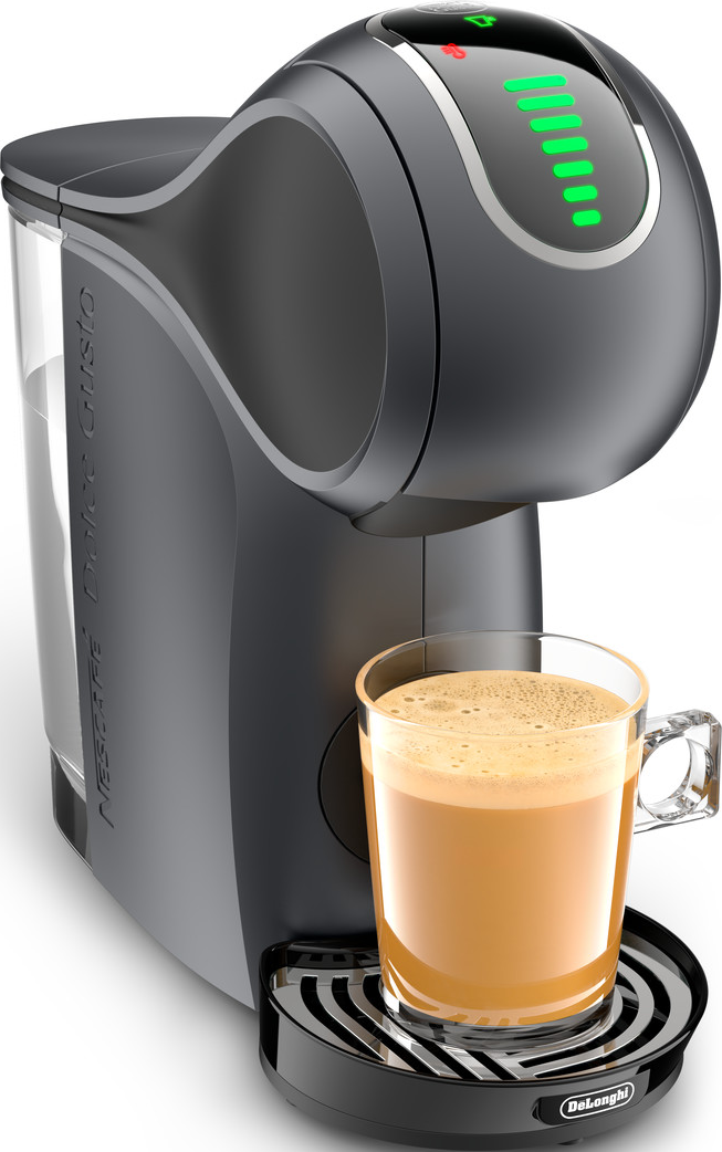 Dunkelgraue Delonghi Nescafe Dolce Gusto Kaffeemaschine mit einer Tasse Kaffee.