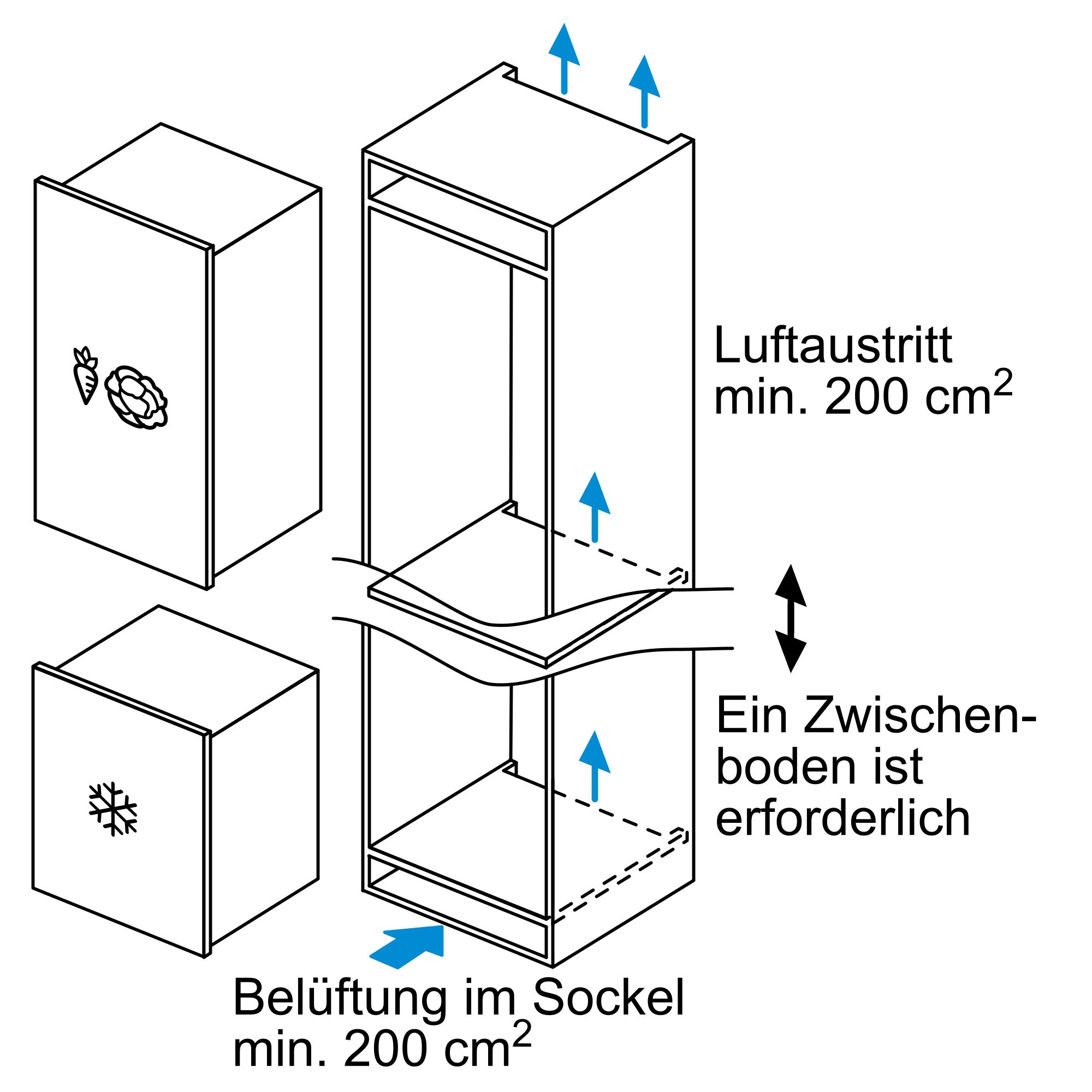 Diagramm zum Einbau eines Kühlschranks. Zeigt Belüftung und Raumbedarf.