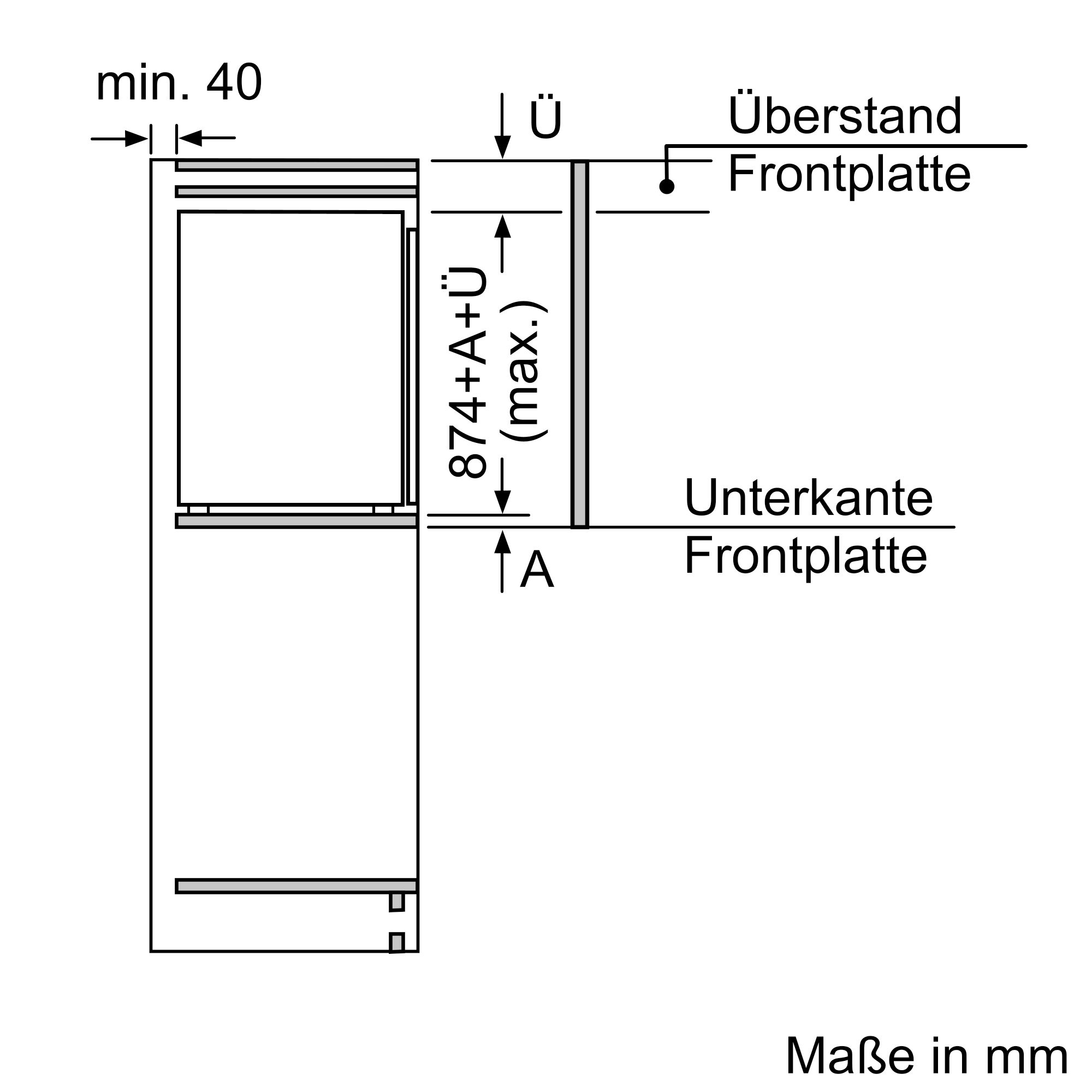 Diagramm mit Abmessungen für den Einbau eines Einbaugeräts.