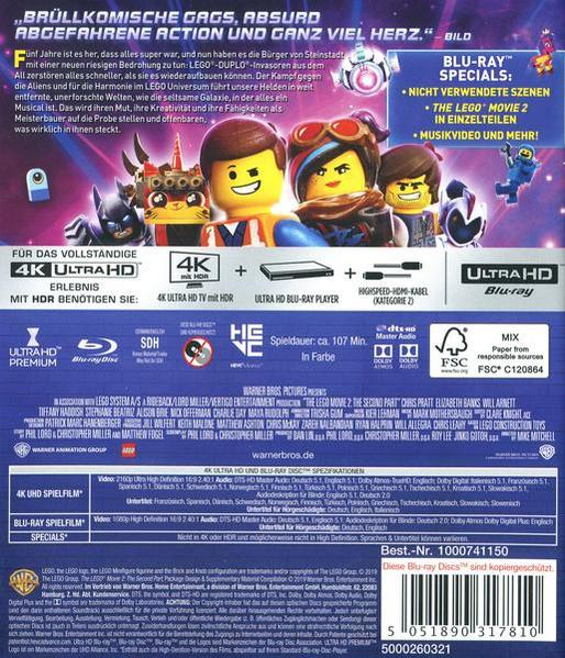 Das Lego Movie 2 Blu-ray Cover mit Lego-Figuren und Text auf der Rückseite.