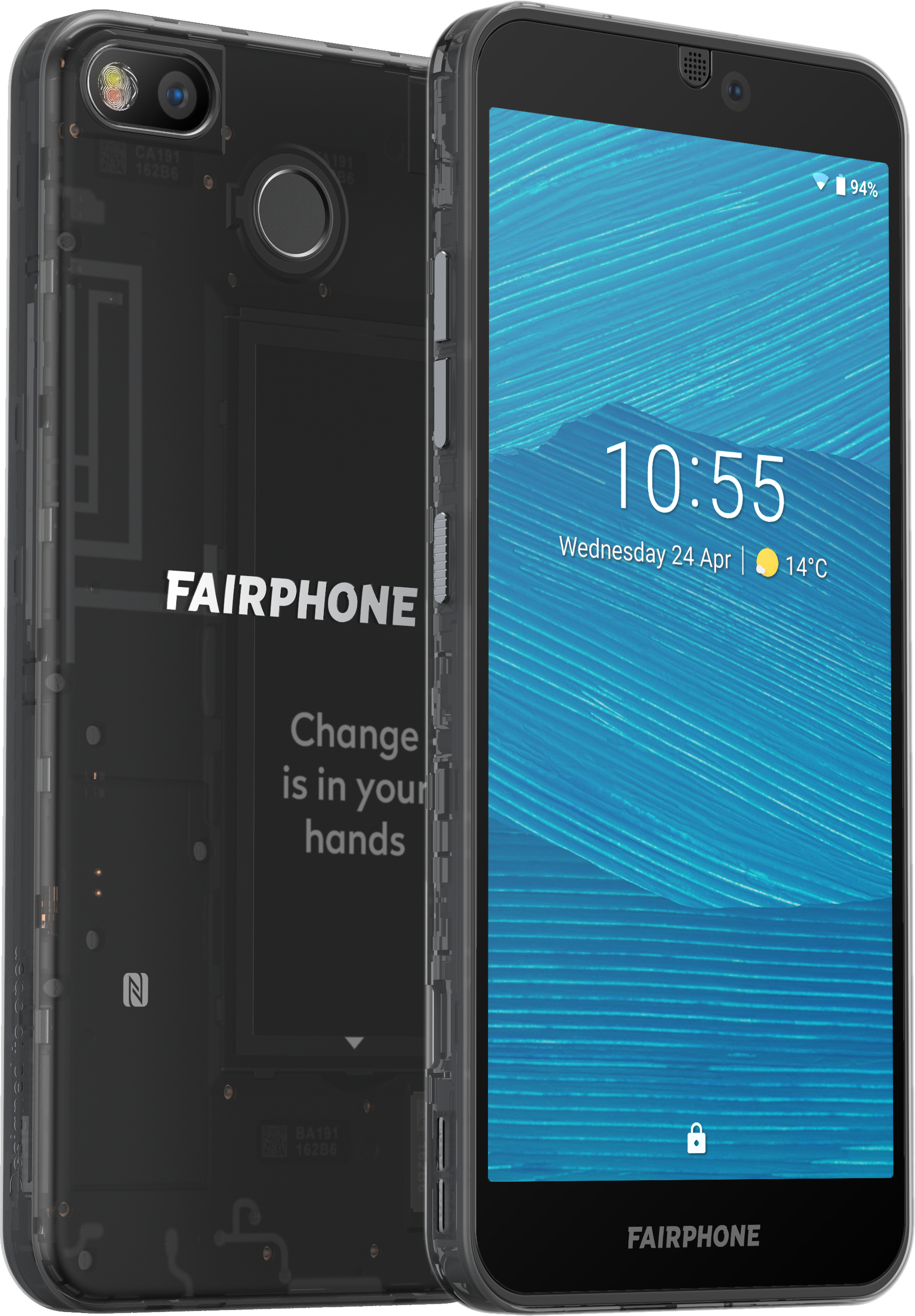 Transparentes Smartphone mit sichtbarer Innenstruktur, Bildschirm zeigt 10:55 Uhr, Fairphone Logo.
