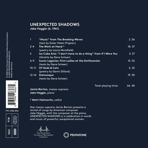 CD-Cover mit Text: 'UNEXPECTED SHADOWS' von Jake Heggie, mit Titelliste und Interpreten.