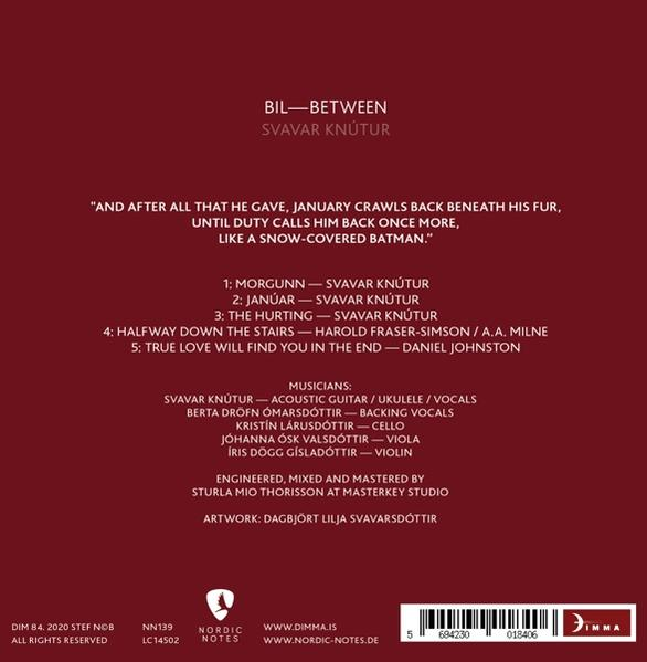 Albumcover mit Text und Credits. Text ist isländisch. Schwarzes und rotes Farbschema.