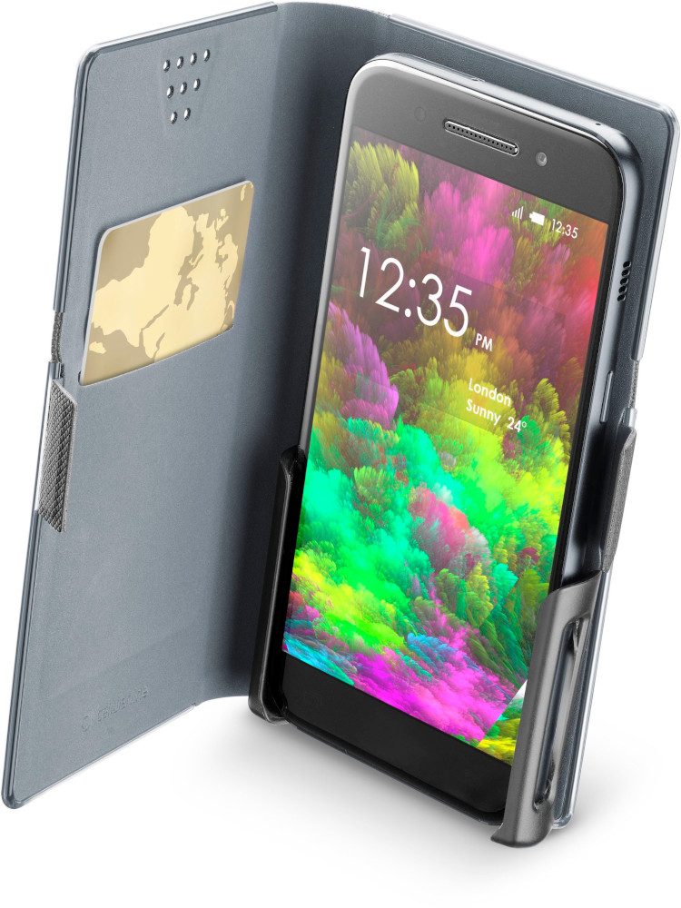 Un smartphone dans un étui gris, ouvert pour afficher l'écran avec un graphique coloré et l'heure.