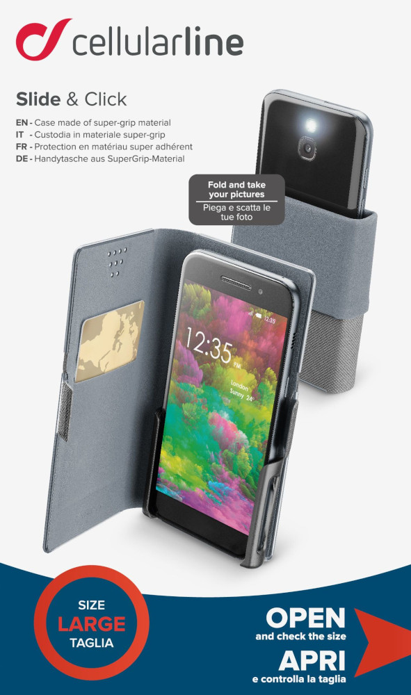 Étui de téléphone avec un téléphone à l'intérieur et une carte dorée. Il est écrit 'TAILLE GRANDE'.