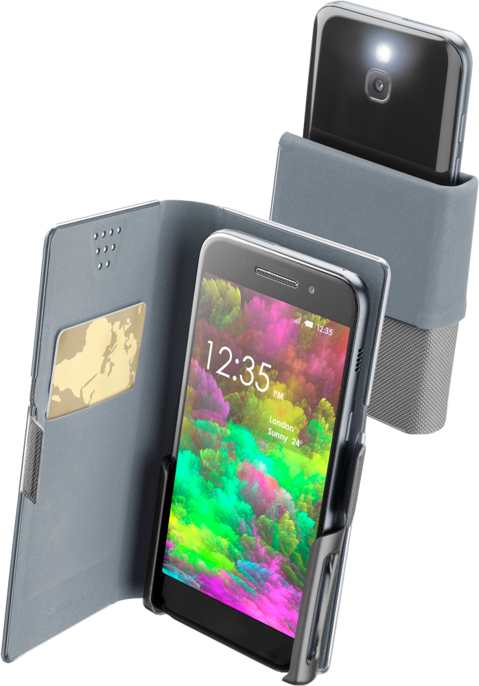 Téléphone dans étui gris avec carte dorée. Un autre téléphone derrière. Écran coloré.