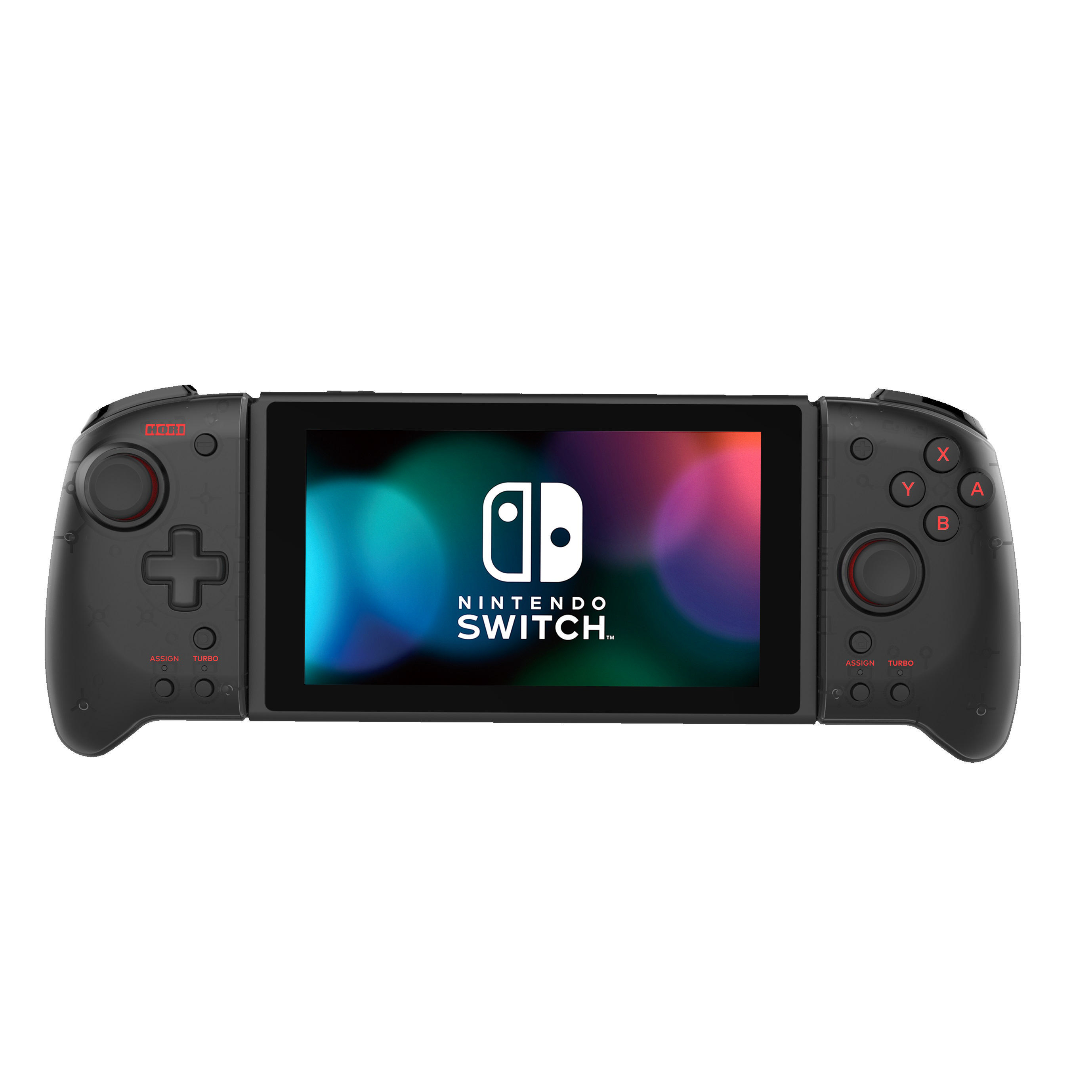 Nintendo Switch-Controller. Ein schwarzer, breiter Controller mit Tasten und einem zentralen Bildschirm mit Logo.