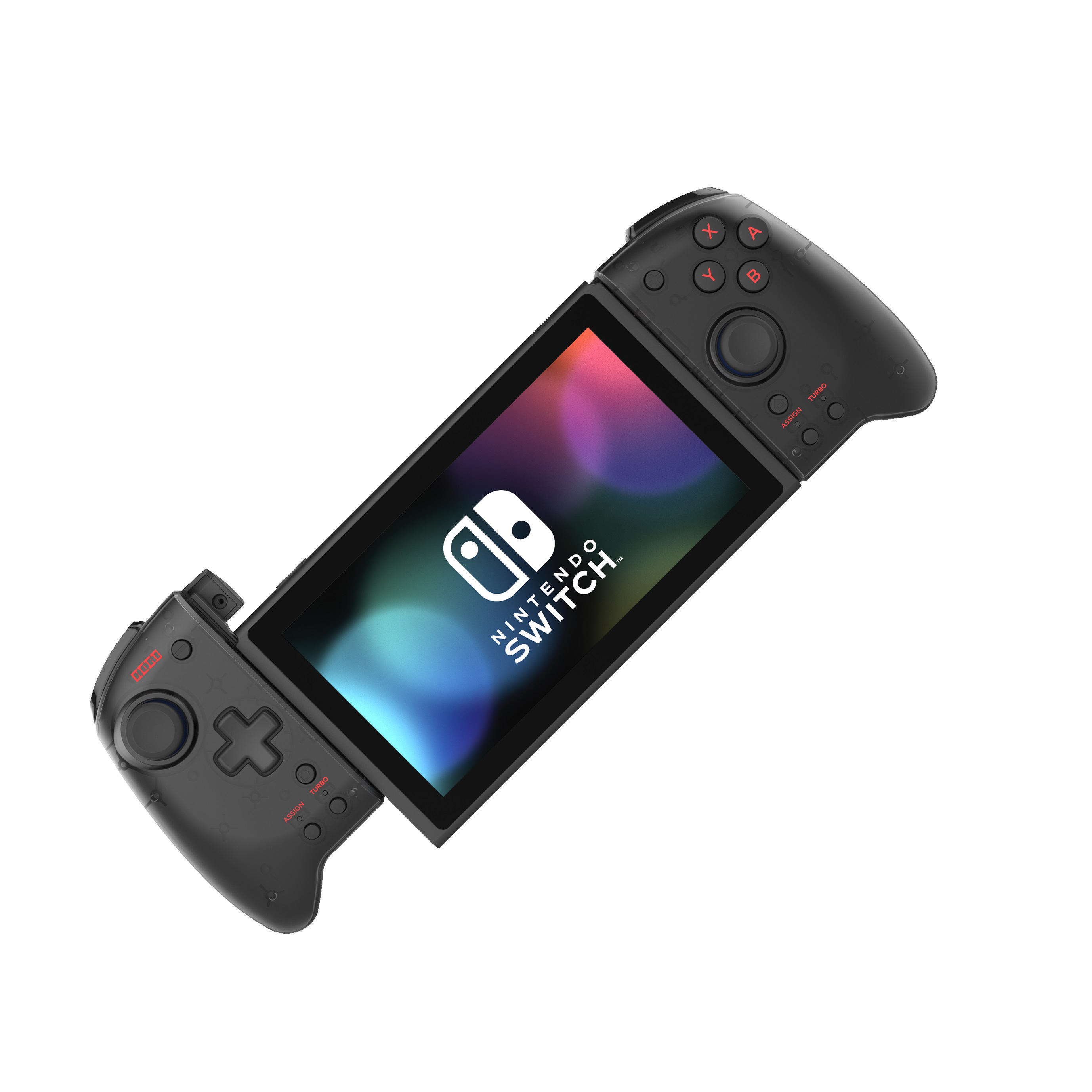 Nintendo Switch Konsole mit Joy-Cons befestigt. Schwarze Controller und ein schwarzer Bildschirm.
