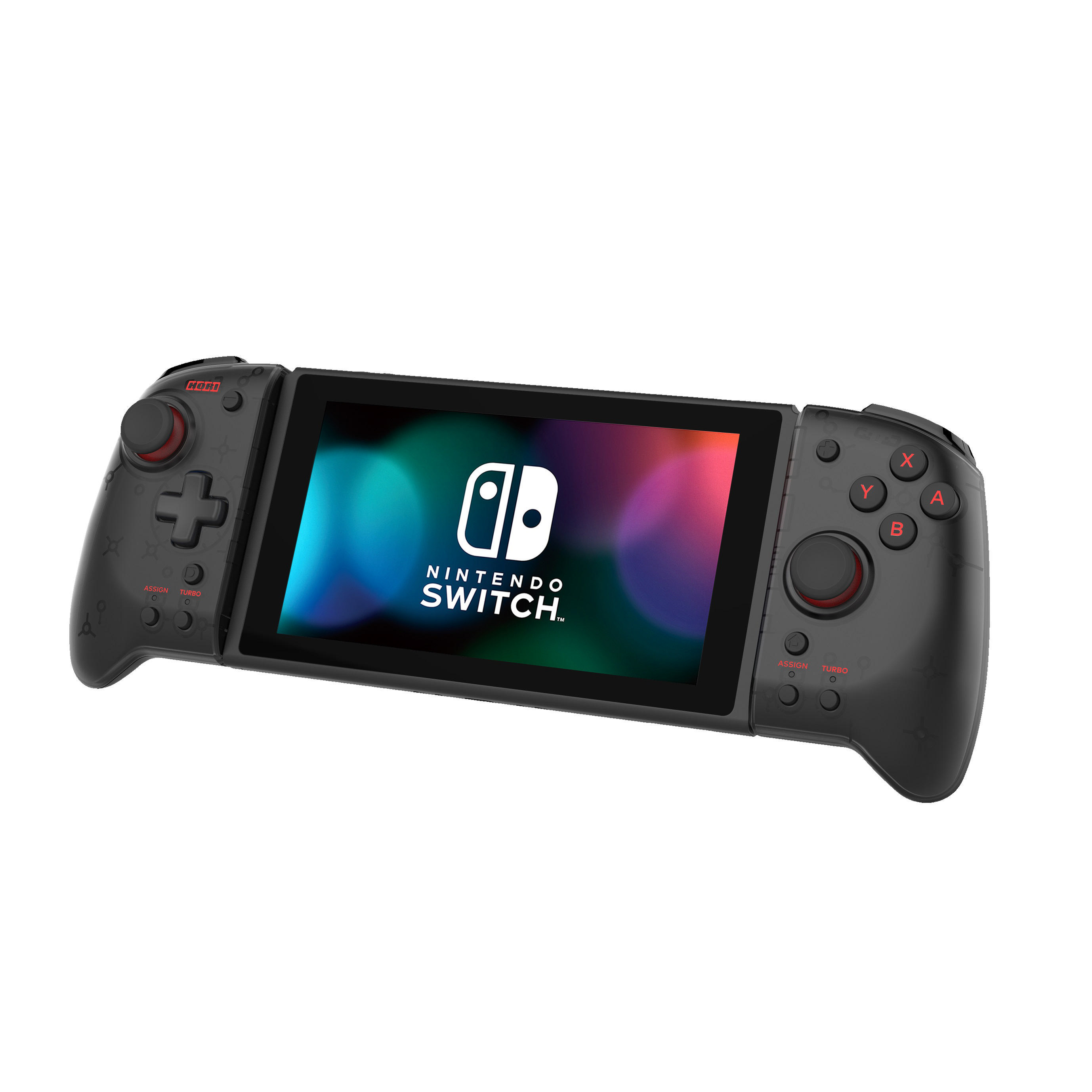 Schwarzer und grauer Hori Nintendo Switch-Controller mit Knöpfen und Joysticks, der den Switch-Bildschirm hält.