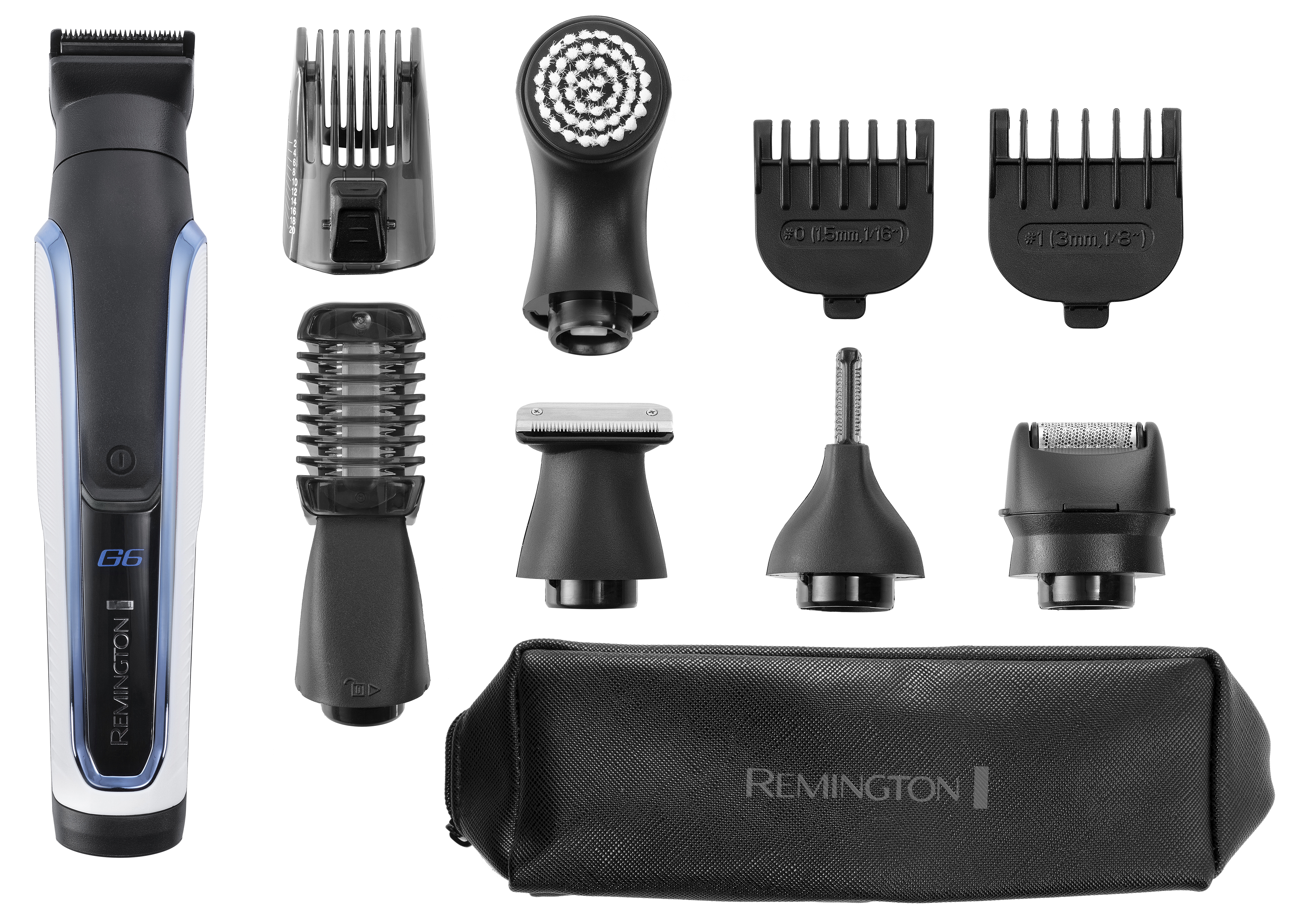 Remington G6 Multi-Groomer-Set, enthält Trimmer, verschiedene Aufsätze und eine Tragetasche.
