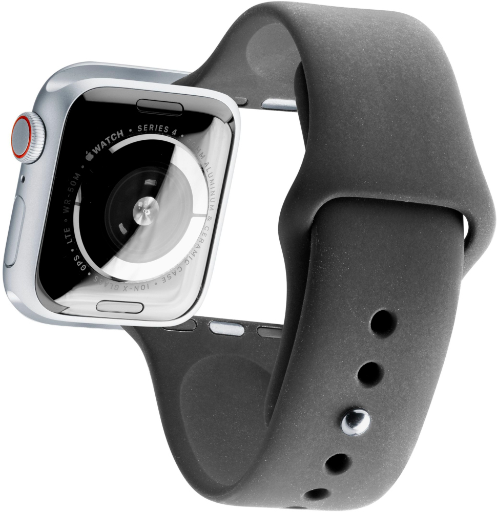 Een zilveren Apple Watch met een grijze band. Het scherm toont de details van het horloge.