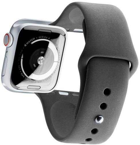 Silver Apple Watch with a gray strap, viewed from the back showing the sensors and watch face.