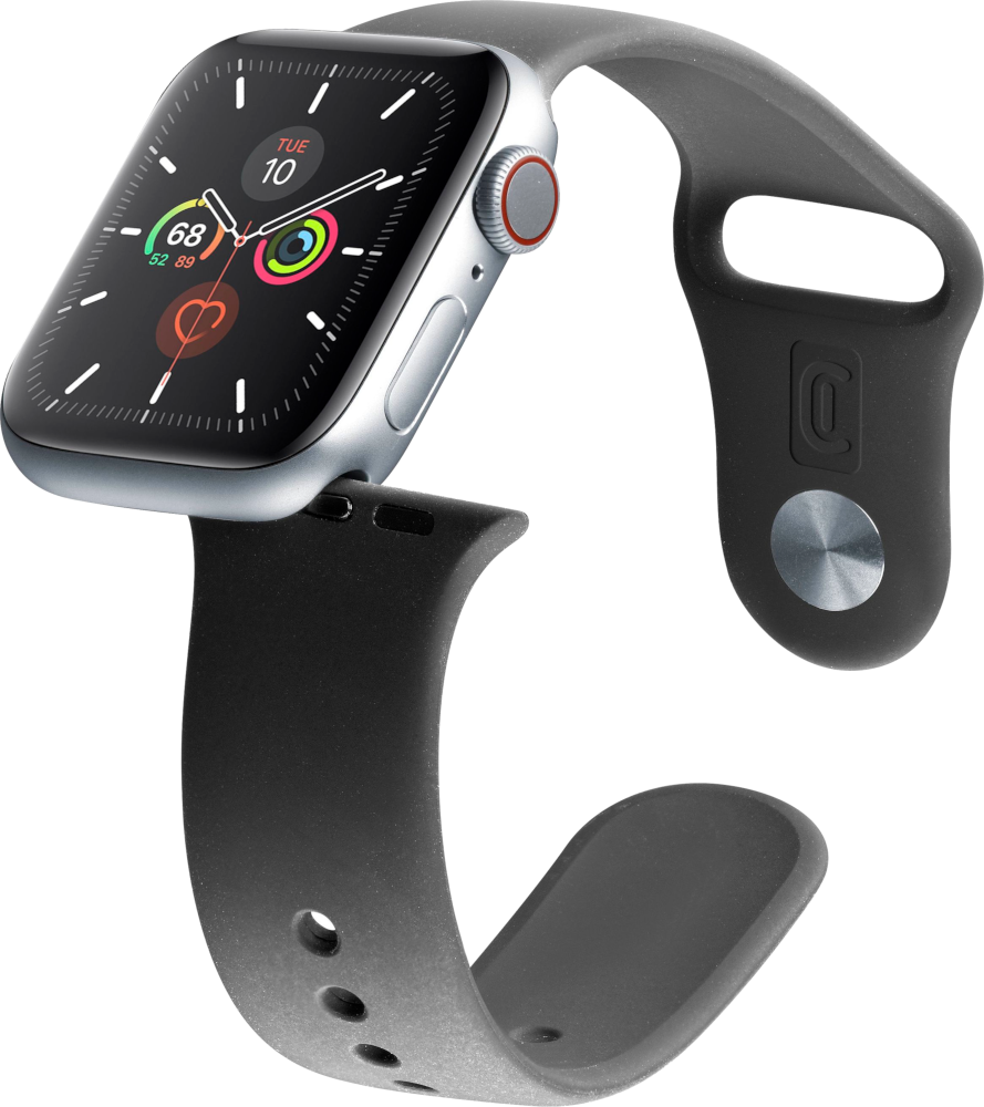 Zilveren Apple Watch met zwarte en grijze sportband, op een witte achtergrond.