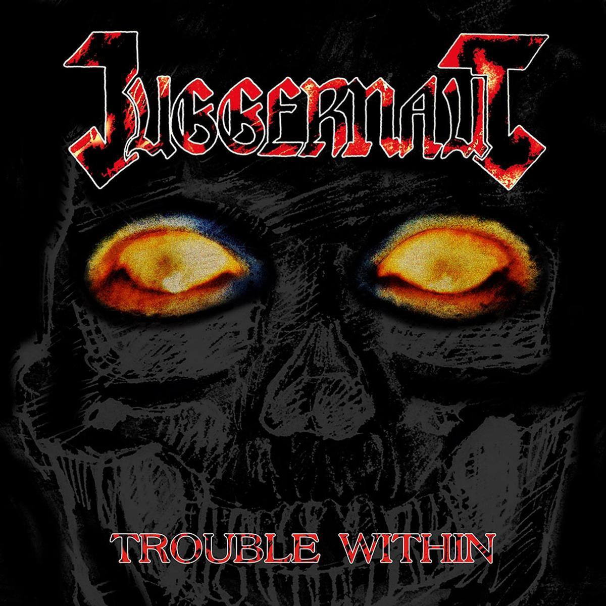 Pochette d'album pour Juggernaut, crâne avec yeux brillants, texte rouge et noir, fond noir.