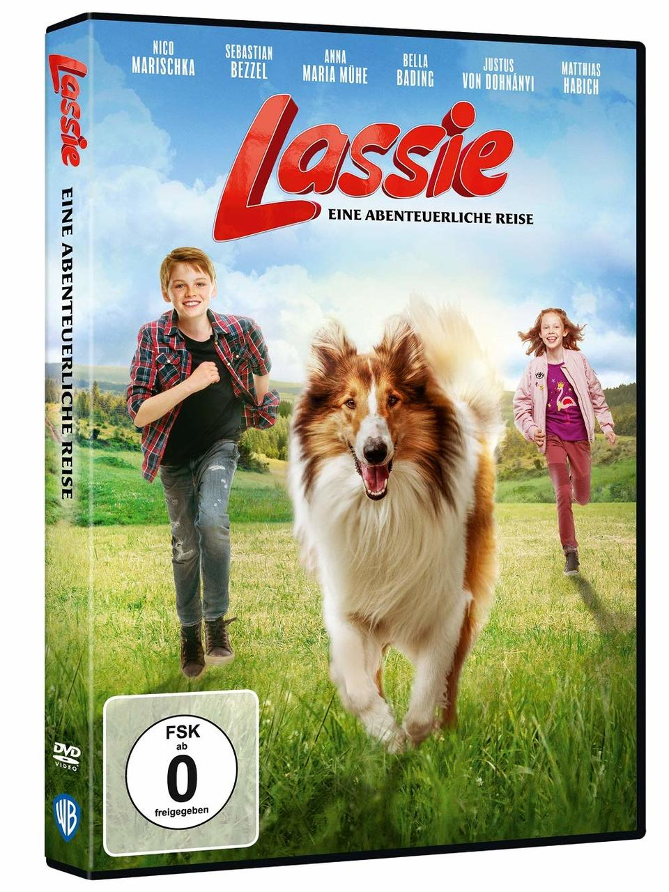 DVD-Hülle des Films Lassie. Zeigt einen Jungen, ein Mädchen und den Hund Lassie, die auf einer Wiese laufen.