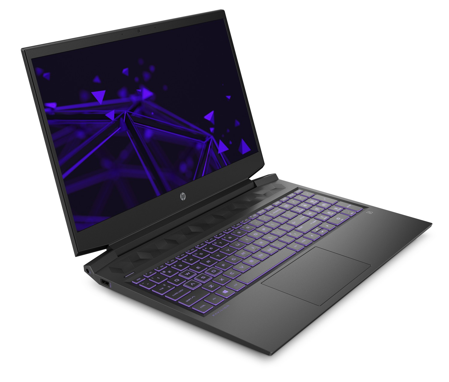 Una laptop HP negra está abierta. La pantalla muestra un patrón geométrico púrpura, el teclado se ilumina.