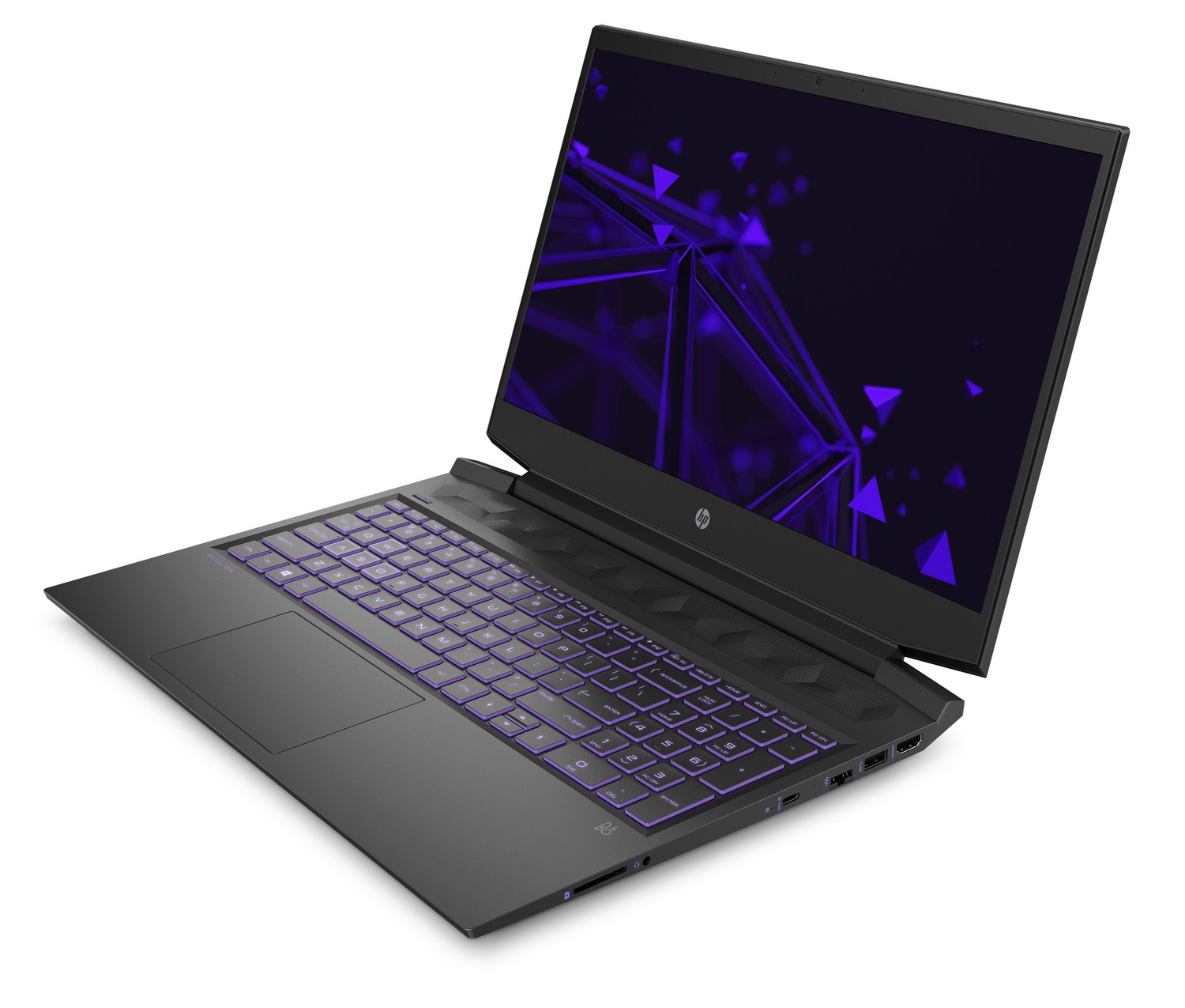 Portátil HP negro, abierto, con teclado iluminado en morado y patrón geométrico morado en pantalla.