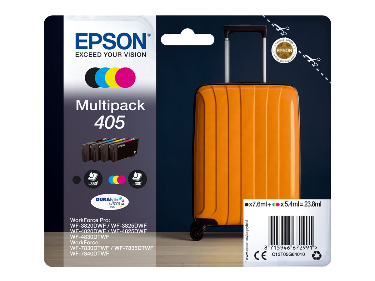 Epson Tinten-Multipack für Reisen, mit farbigen Patronen und einem Koffer.