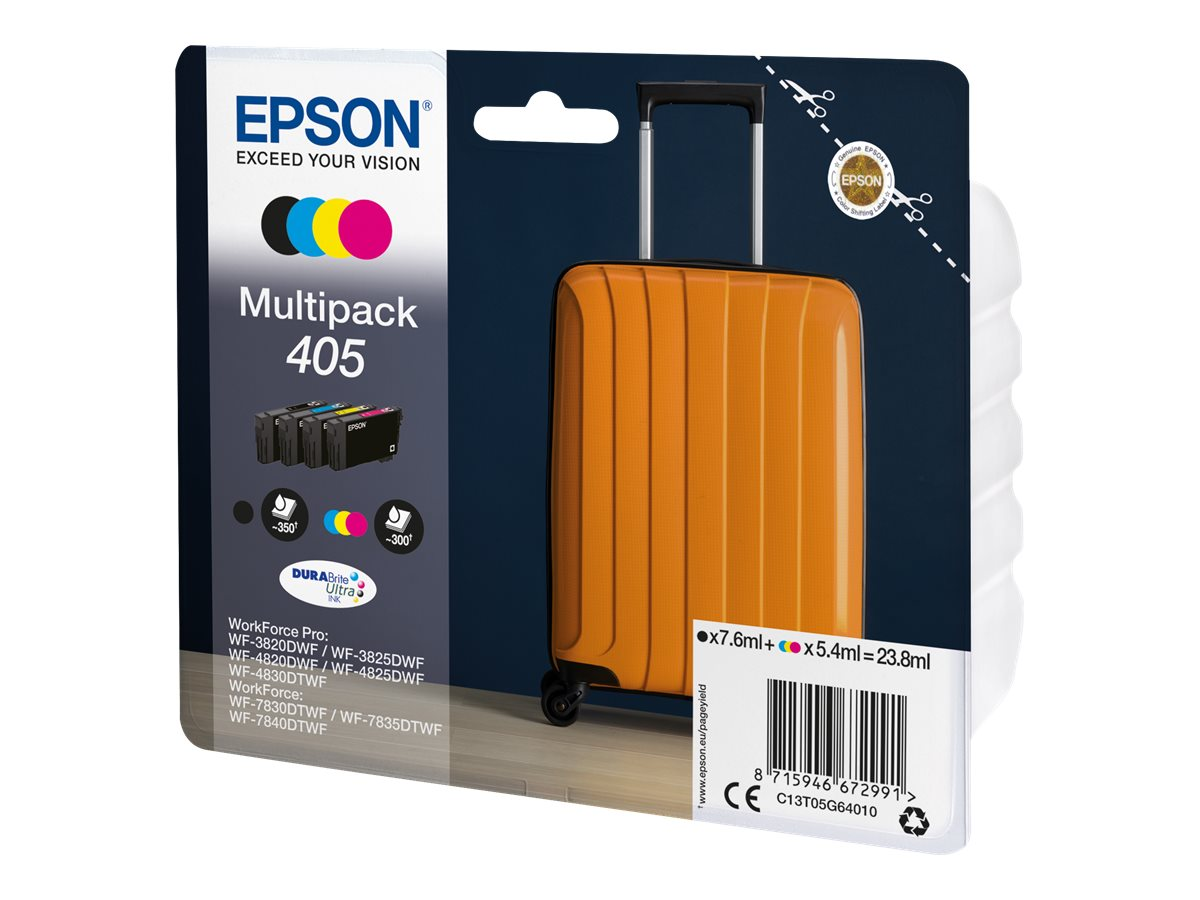 Tintenpatronen-Multipack und ein Koffer mit Text und Symbolen. Die Marke ist EPSON.