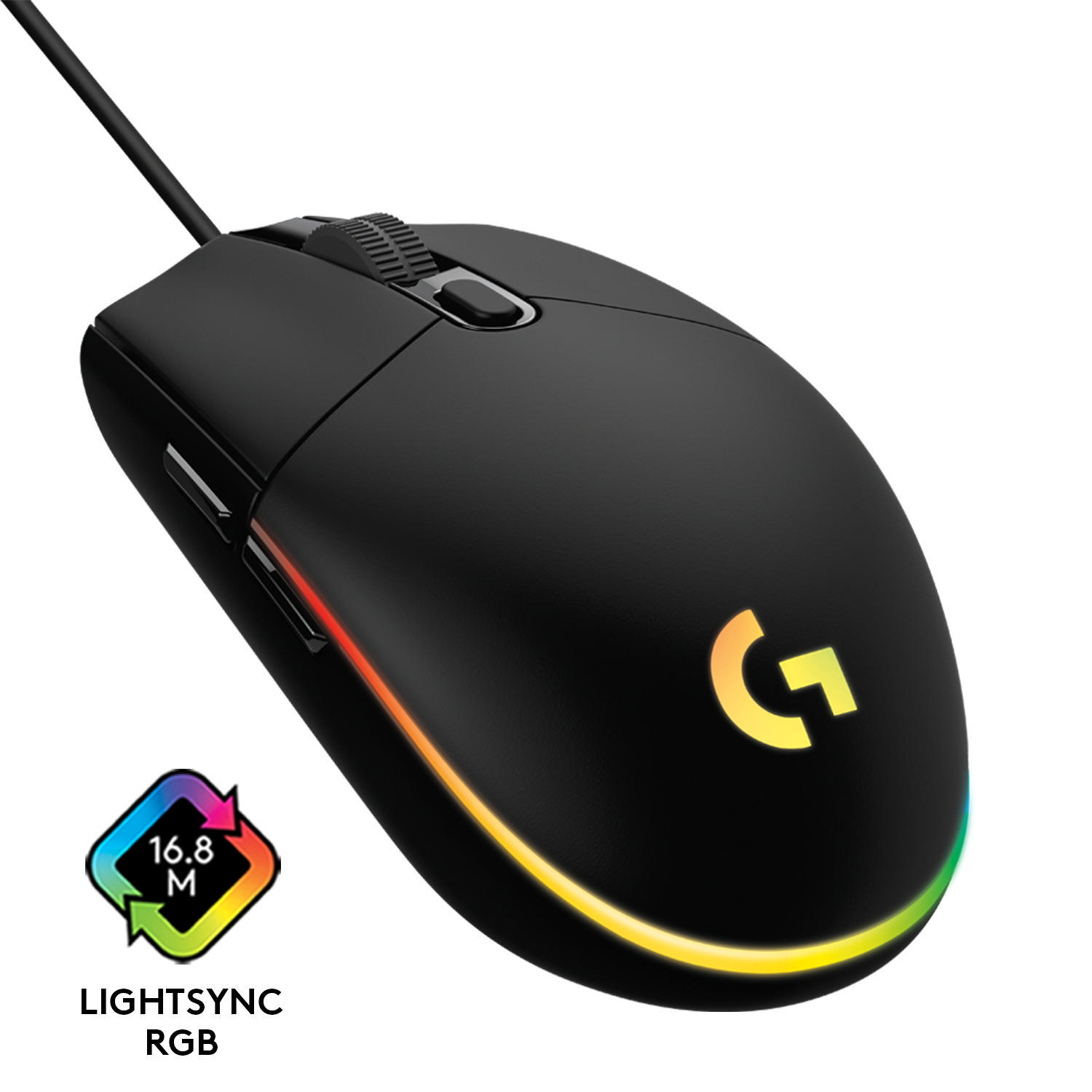 Schwarze Gaming-Maus mit farbiger LED-Beleuchtung und G-Logo.