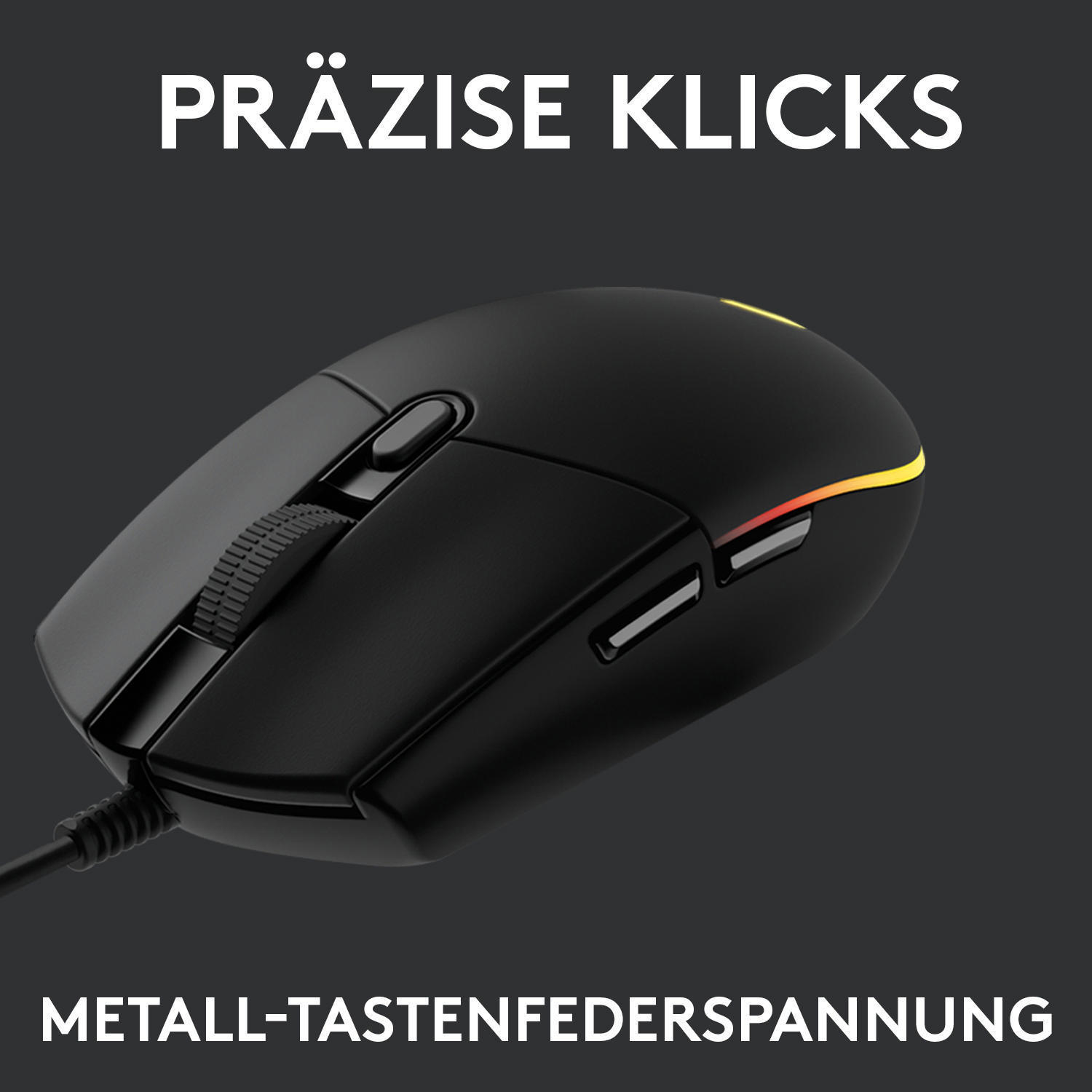 Eine schwarze Computermaus mit Seitentasten und einem Scrollrad. Text sagt 'Präzise Klicks'.