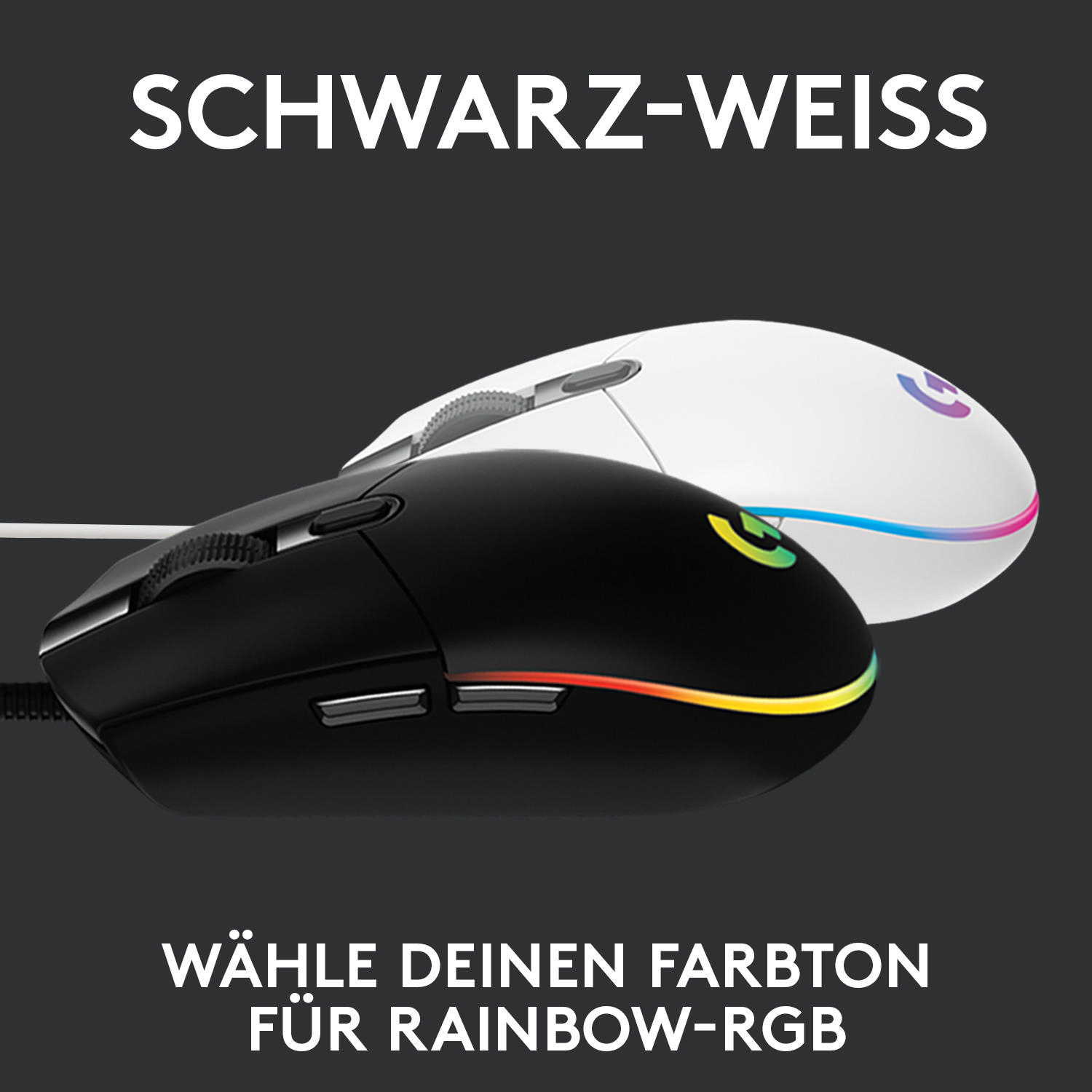 Zwei Gaming-Mäuse, schwarz und weiß, mit RGB-Beleuchtung.