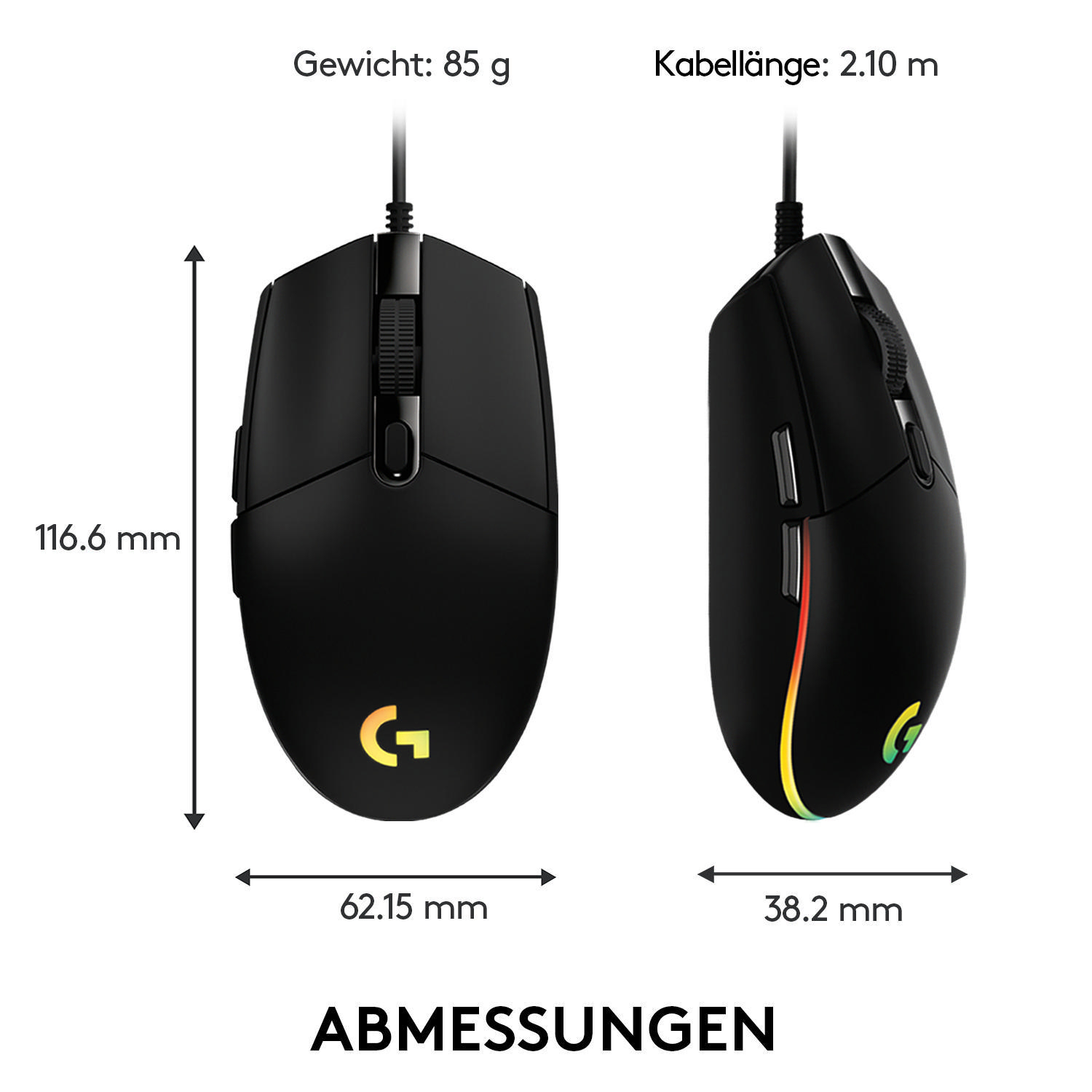 Schwarze Gaming-Maus mit Abmessungen und gelbem Logo unten.