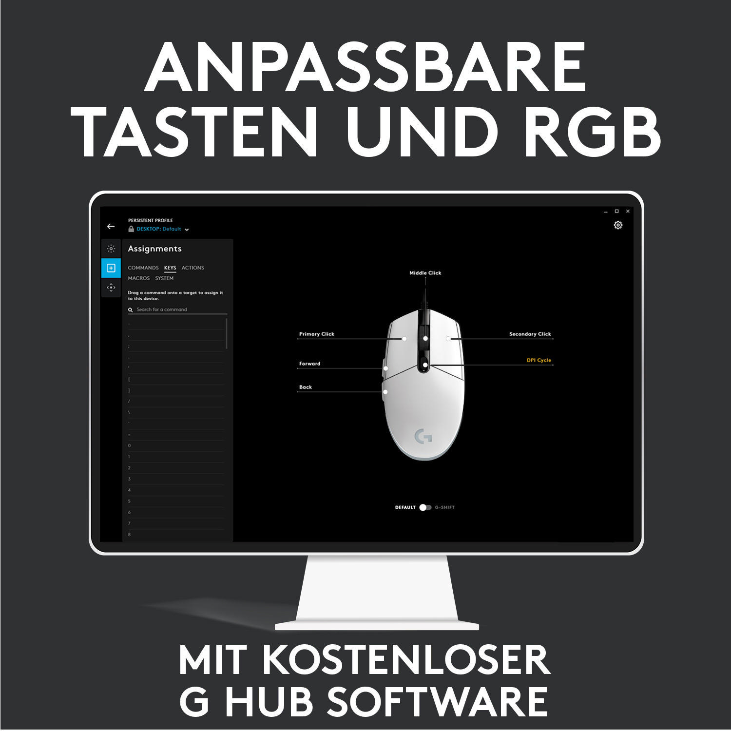 Logitech-Maus mit Bildschirm, der Anpassungsoptionen und G Hub-Softwareinformationen zeigt.