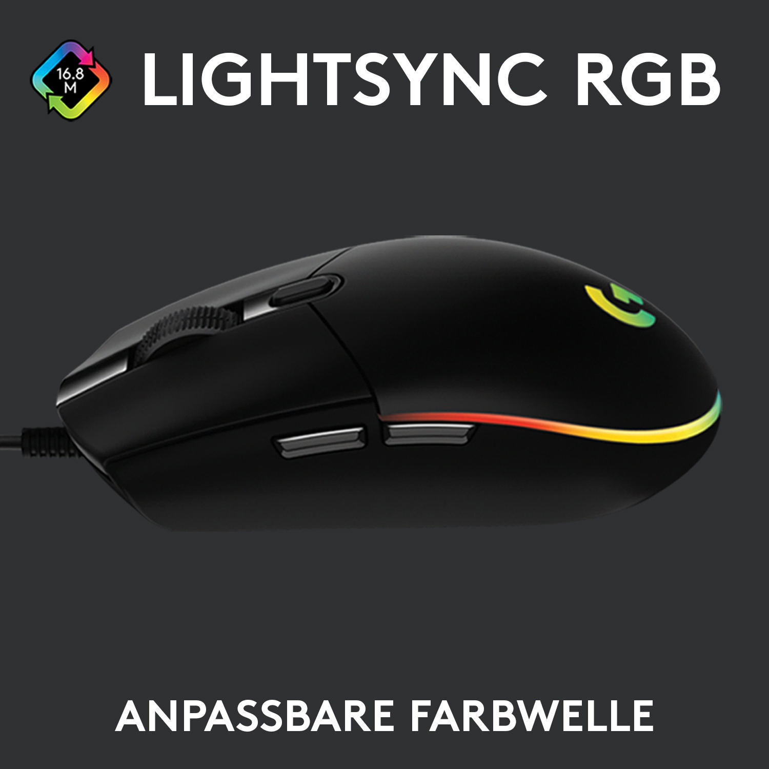Schwarze Computermaus mit RGB-Beleuchtung und dem Wort LIGHTSYNC RGB.