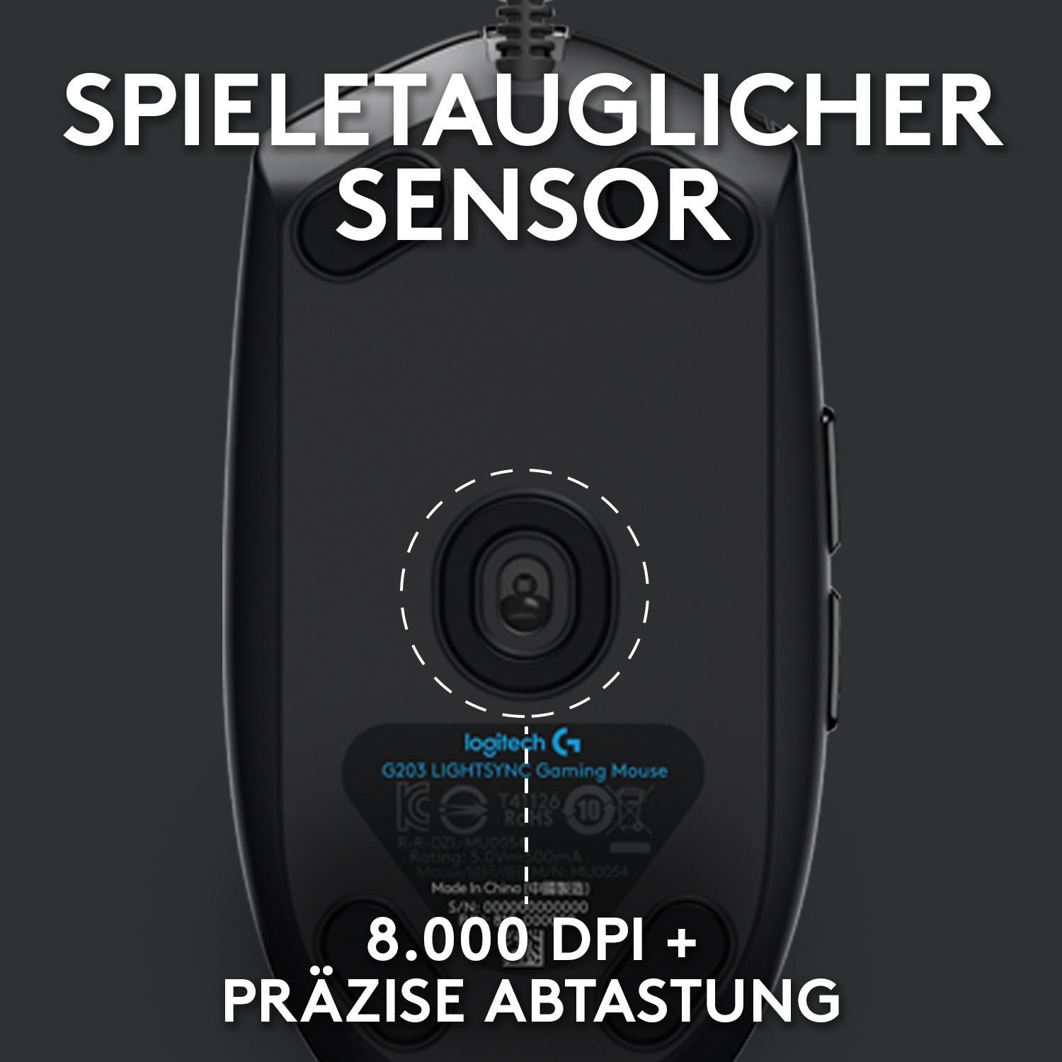 Schwarze Gaming-Maus mit Sensor unten, umgeben von Text.