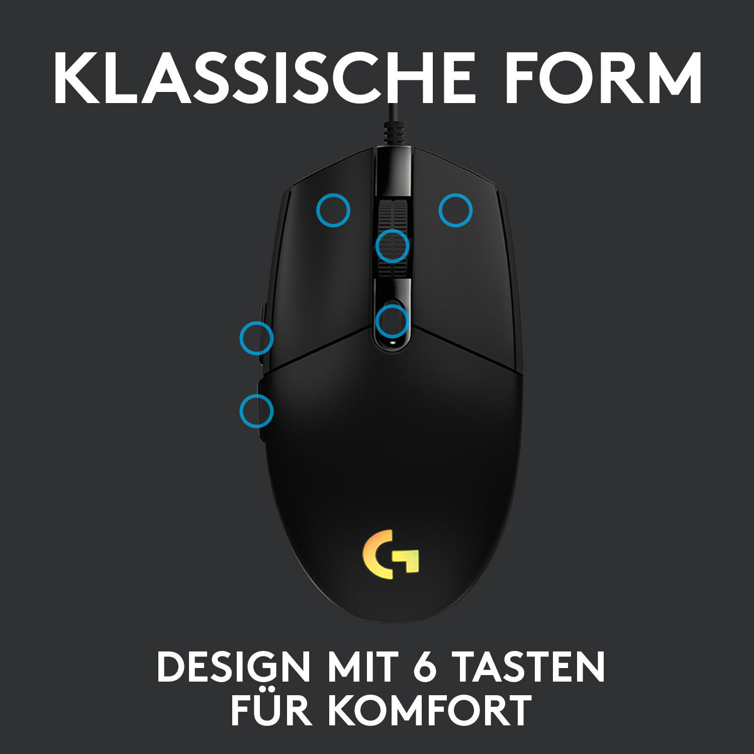 Schwarze Computermaus mit sechs Tasten und Logo. Der Text 'KLASSISCHE FORM' ist sichtbar.