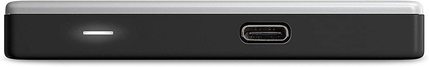 A black and silver device with a USB-C port and a small light.